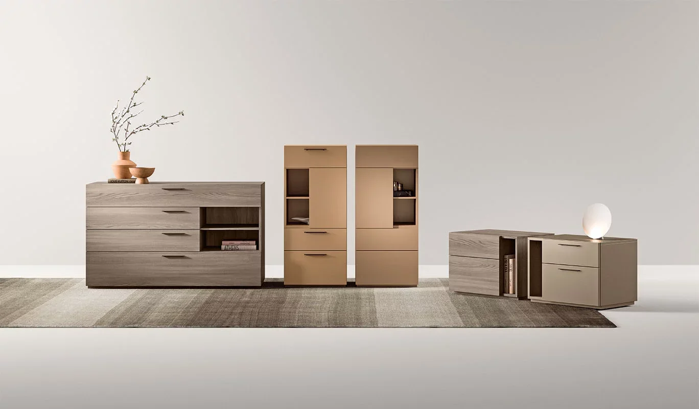Italian Cinquepuntozero Noto modern bedroom storage collection with dressers and nightstands at ArkNova Interiors Paphos Cyprus