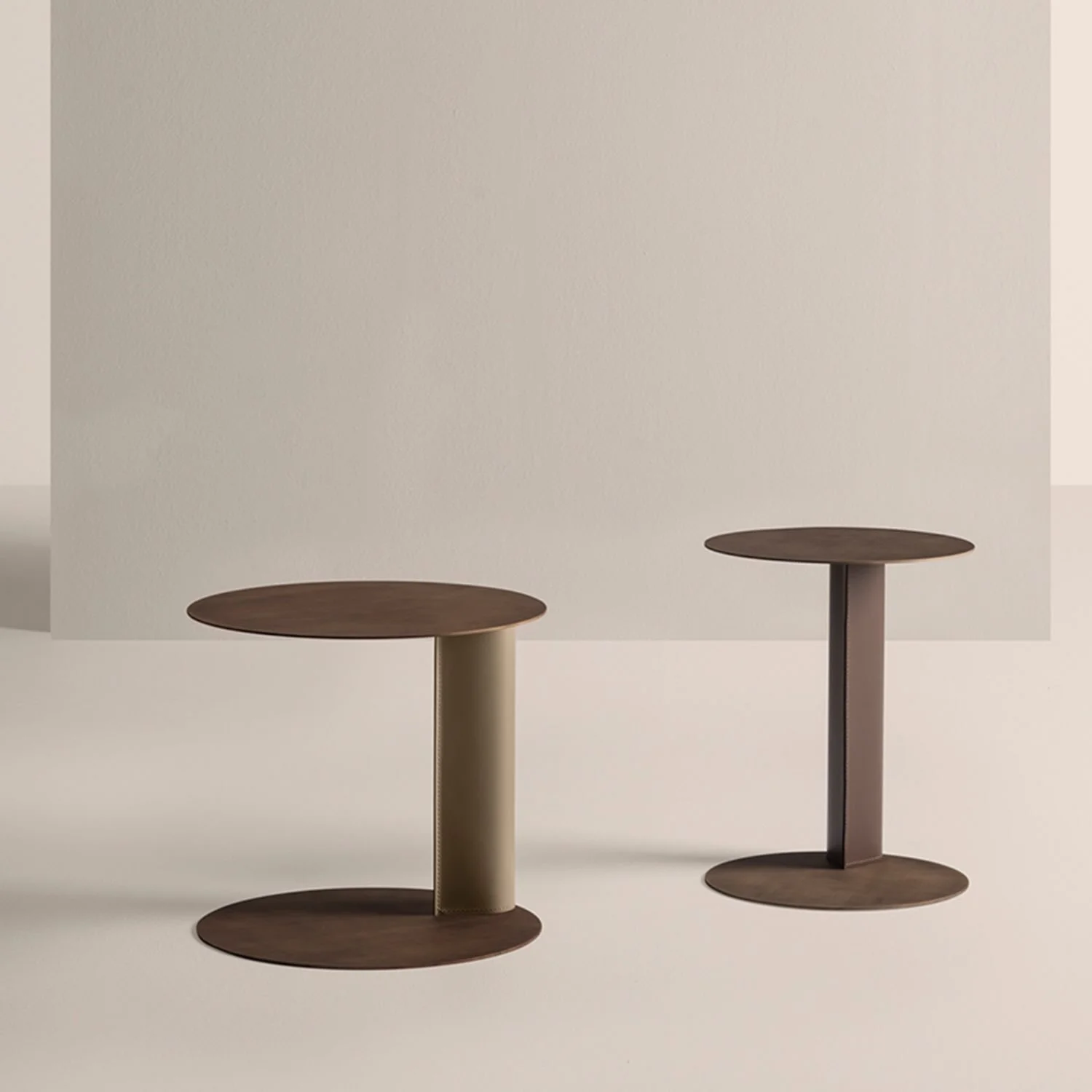 Frag Bler 40 Italian round metal side tables in warm brown finish, minimalist design at ArkNova Interiors Paphos showroom in Cyprus