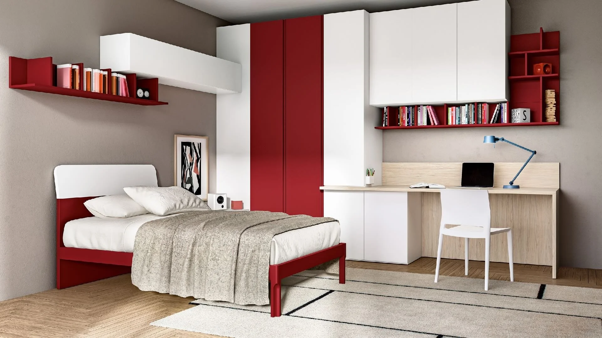 Siloma Set K04 Italian kids bedroom with red and white wardrobe, desk and single bed – ArkNova Interiors Cyprus