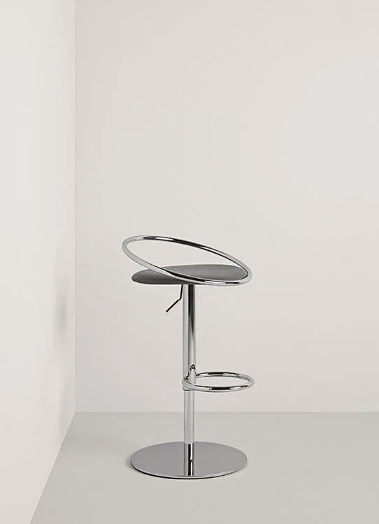 Frag Fizzy Italian chrome ring bar stool with black seat at ArkNova Interiors Paphos showroom in Cyprus
