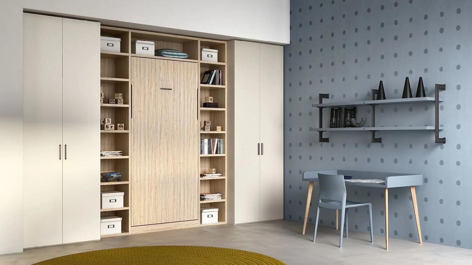 Italian Siloma Set K12 young bedroom with light wood storage and blue desk area at ArkNova Interiors Paphos Cyprus