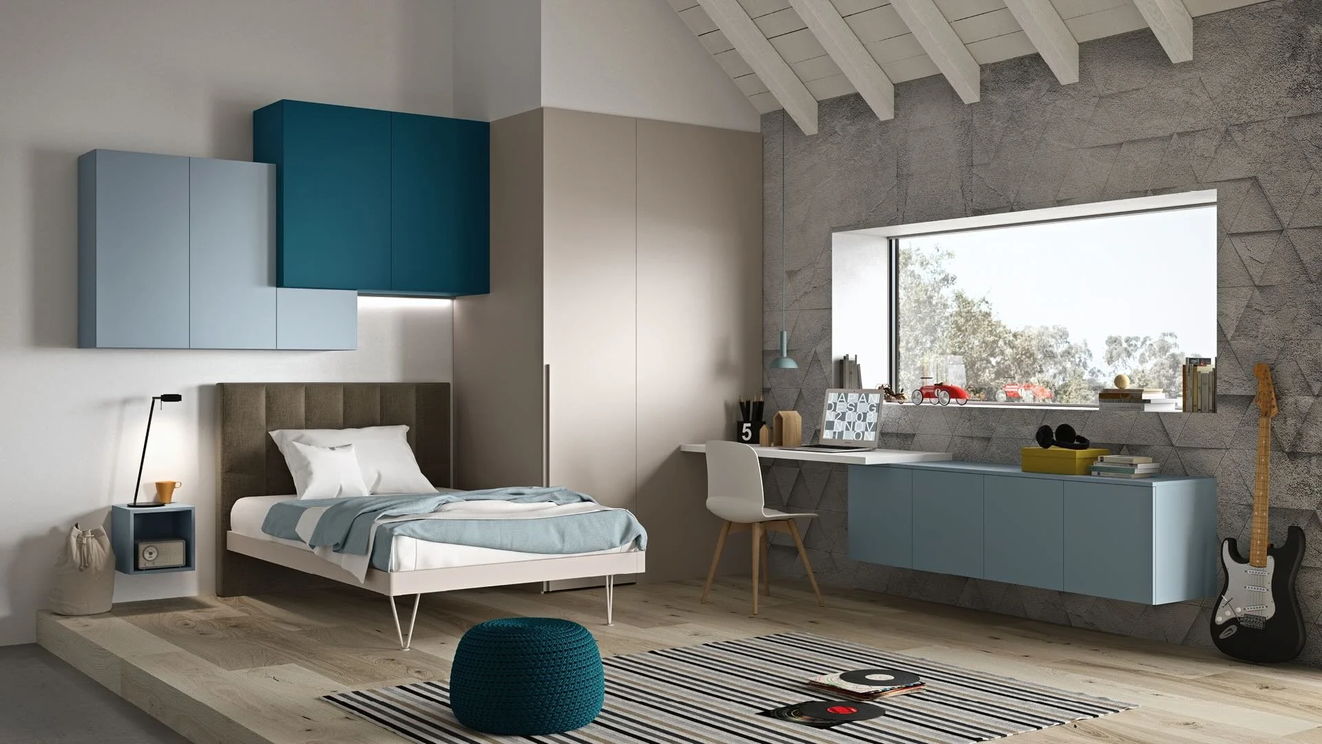 Siloma Set K09 Italian kids bedroom with blue wall storage and single bed – ArkNova Interiors Cyprus
