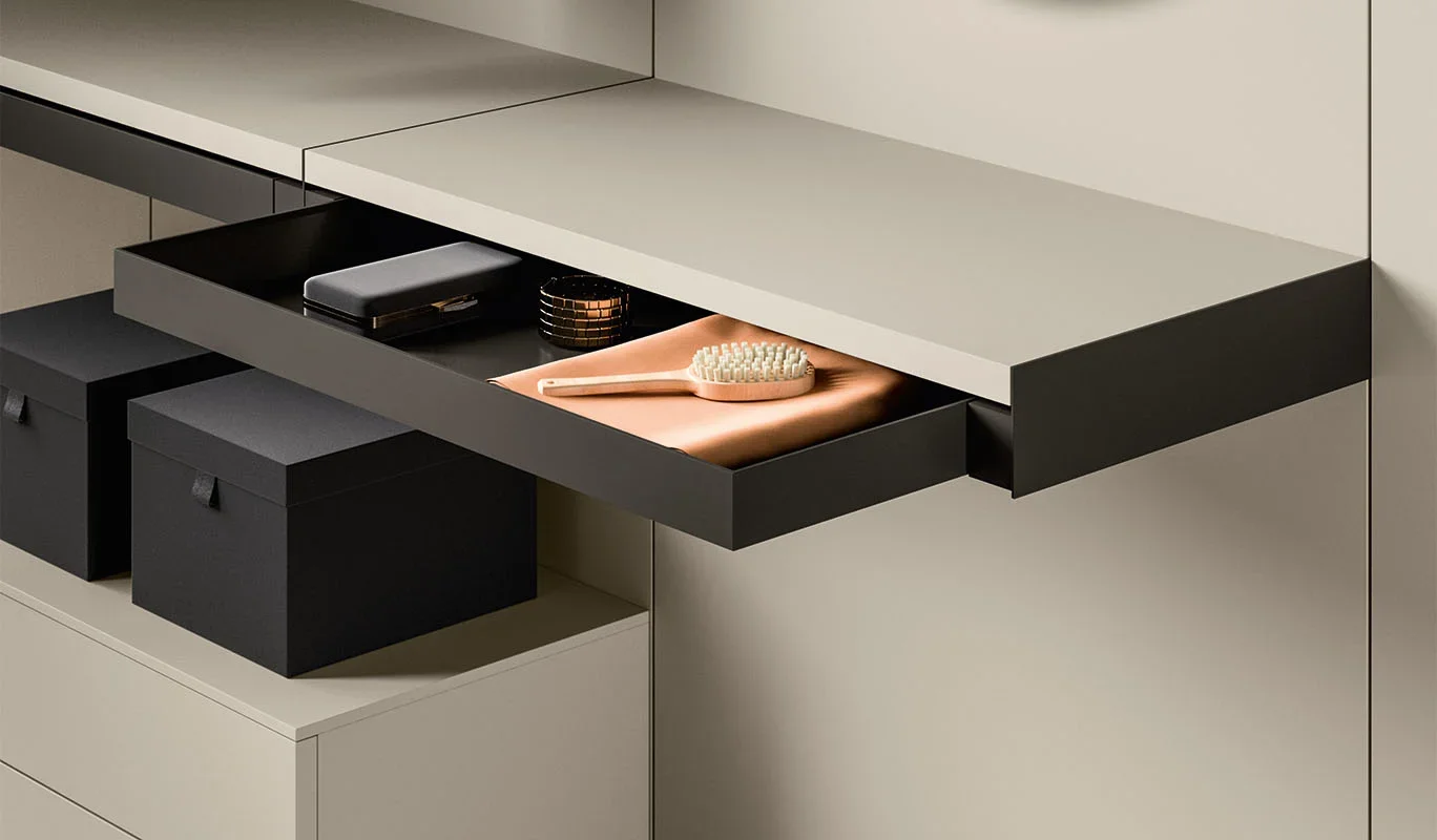 Italian Cinquepuntozero Accessories modern wardrobe with elegant pull-out accessory drawer at ArkNova Interiors Paphos showroom in Cyprus