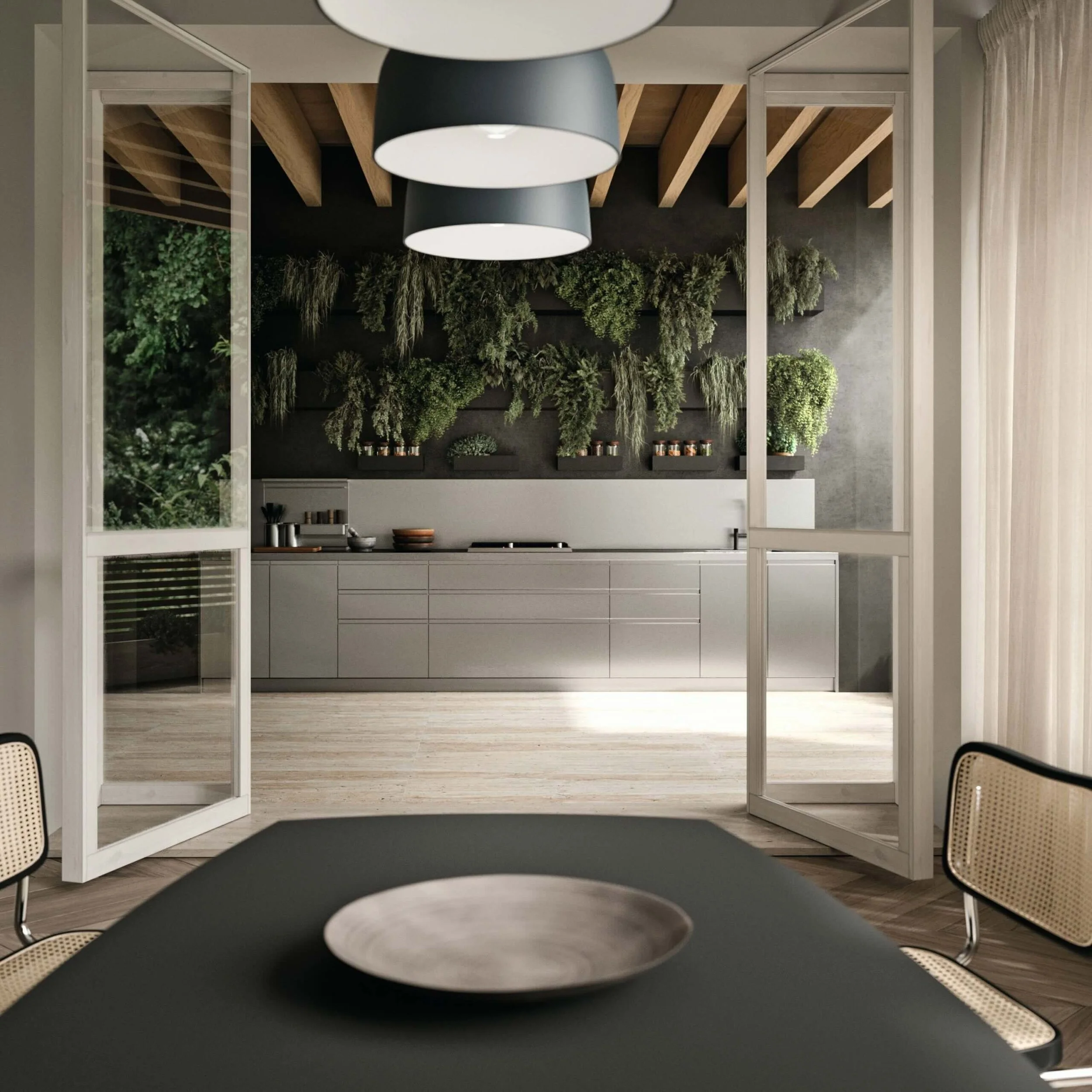 Antares Cucine Acciaio Outdoor Italian outdoor kitchen with stainless steel units and hanging plants, available at ArkNova Interiors Cyprus
