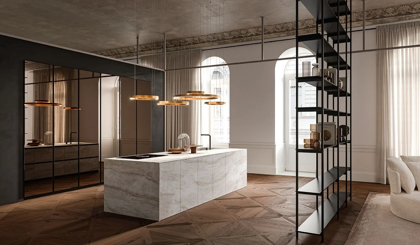 Antares Cucine Skill Frame Italian kitchen with marble island and black metal shelving, available at ArkNova Interiors Cyprus
