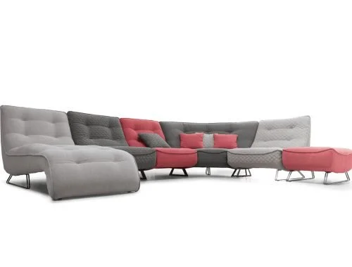 Miki Ferrari Evolution Italian gray and red L-shaped sectional sofa with ottomans, modern design at ArkNova Interiors Paphos showroom in Cyprus