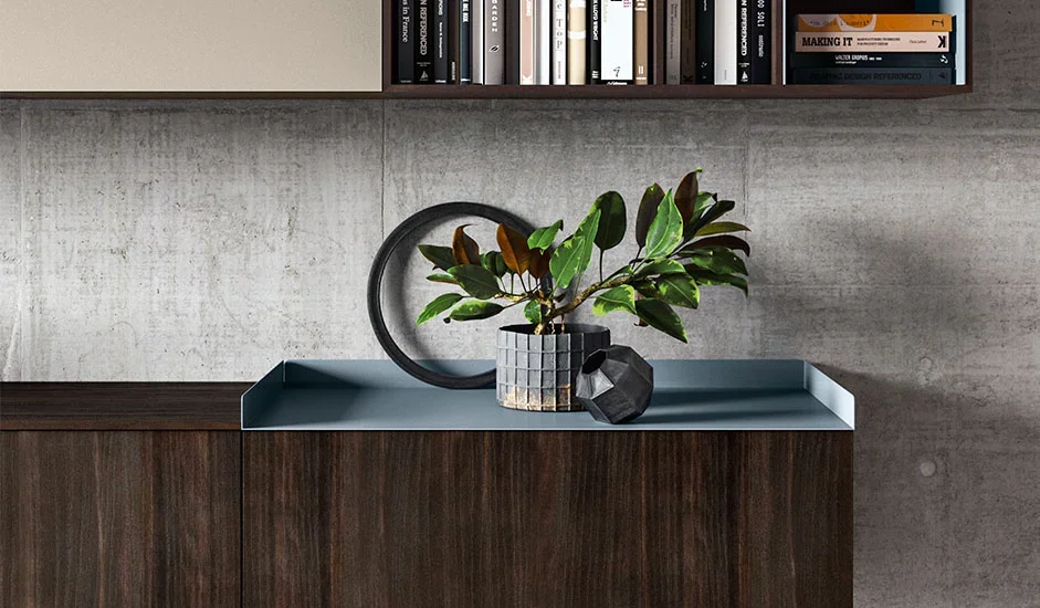 Italian Cinquepuntozero Tray modern blue decorative tray on dark wood cabinet at ArkNova Interiors Paphos showroom in Cyprus