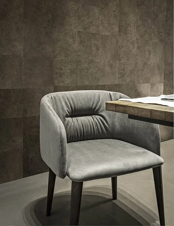 Frag Sofy Italian gray velvet dining armchair at ArkNova Interiors Paphos showroom in Cyprus