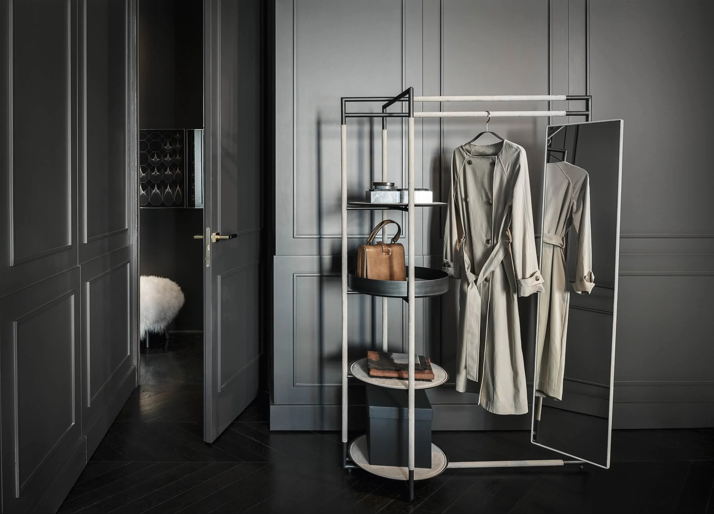 Italian Frag Bak valet stand with integrated mirror and storage at ArkNova Interiors Paphos showroom in Cyprus