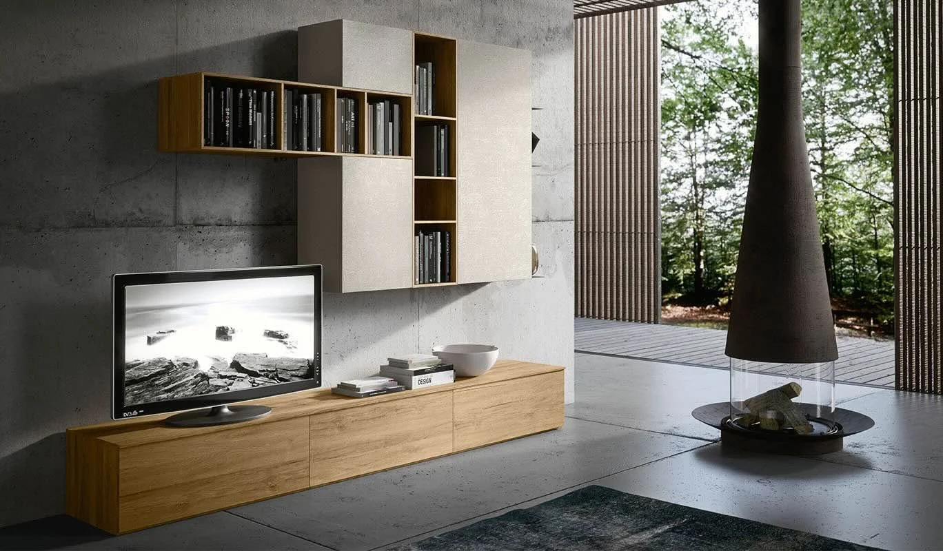 Cinquepuntozero LK07.1 Italian light wood floor-standing TV console with wall-mounted storage at ArkNova Interiors Paphos showroom in Cyprus