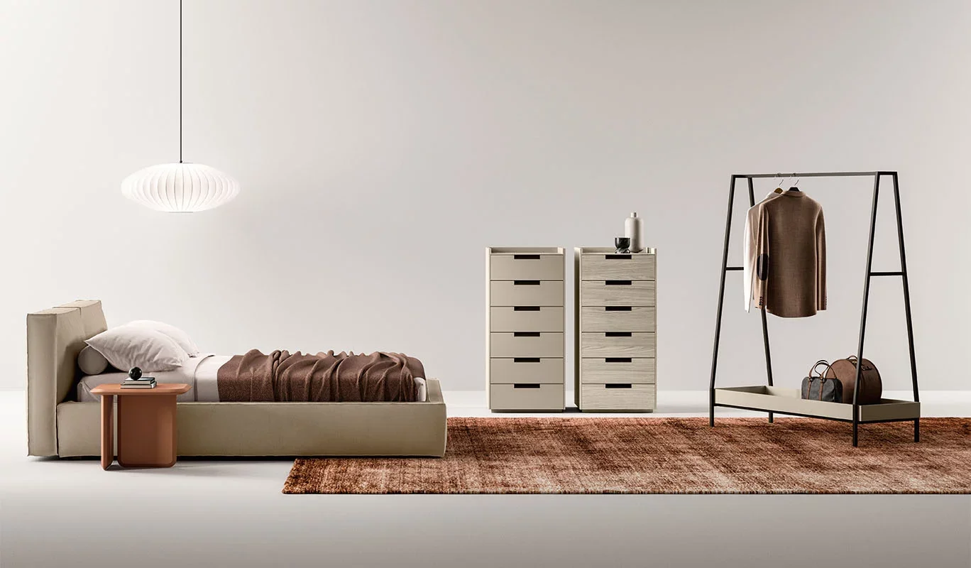 Italian Dalia bed by Cinquepuntozero with clean beige low-profile modern design at ArkNova Interiors Paphos Cyprus