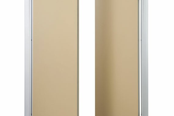 Novoferm Coming and Going Italian beige double sliding doors with silver frames at ArkNova Interiors Paphos Cyprus