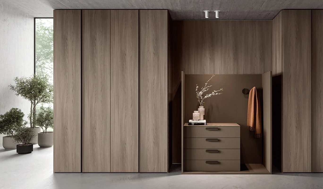 Italian Cinquepuntozero Linea Door wood grain hinged wardrobe doors at ArkNova Interiors Paphos showroom in Cyprus