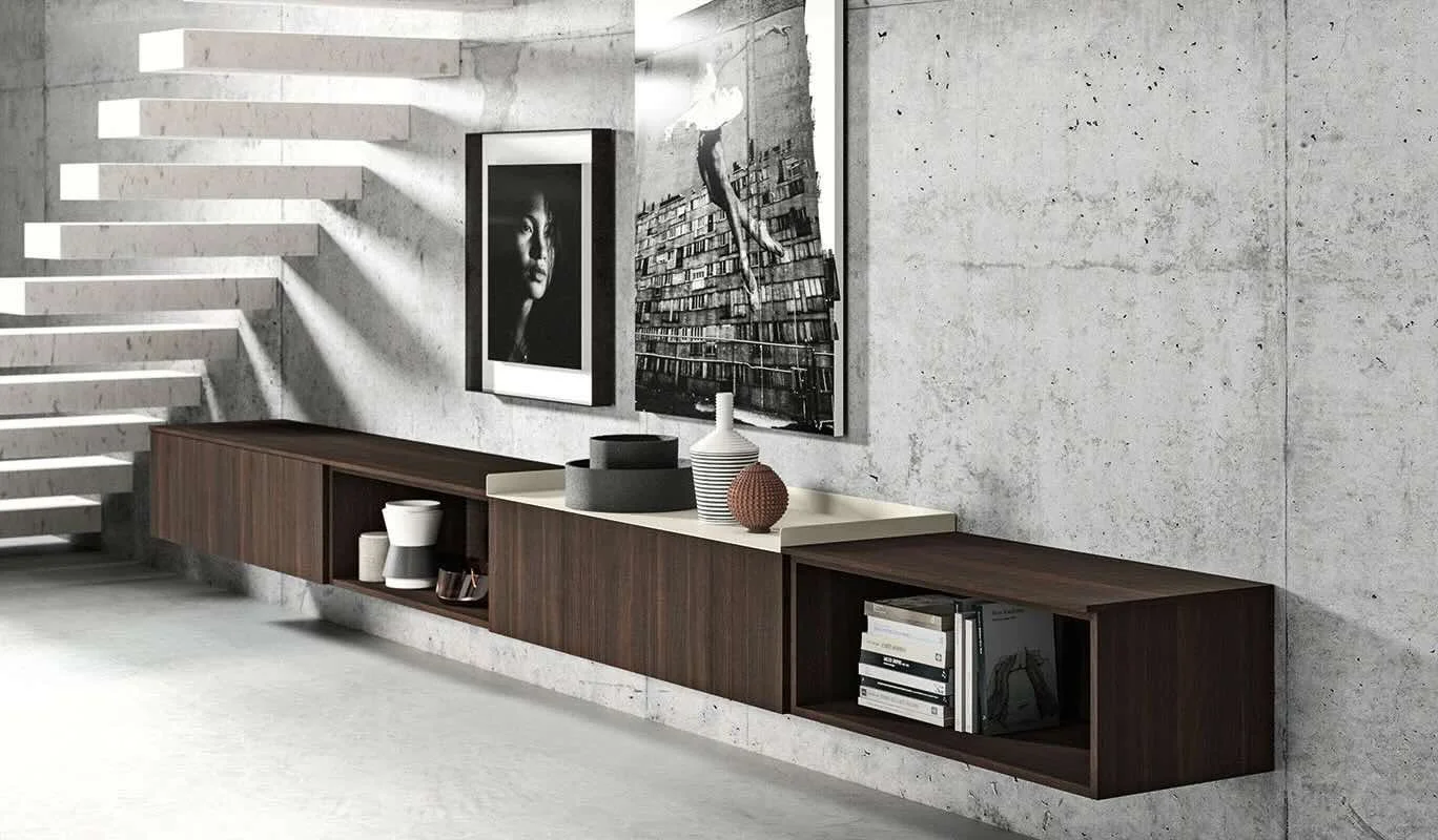 Cinquepuntozero BK08.2 Italian dark walnut suspended living room console with open shelving at ArkNova Interiors Paphos showroom in Cyprus