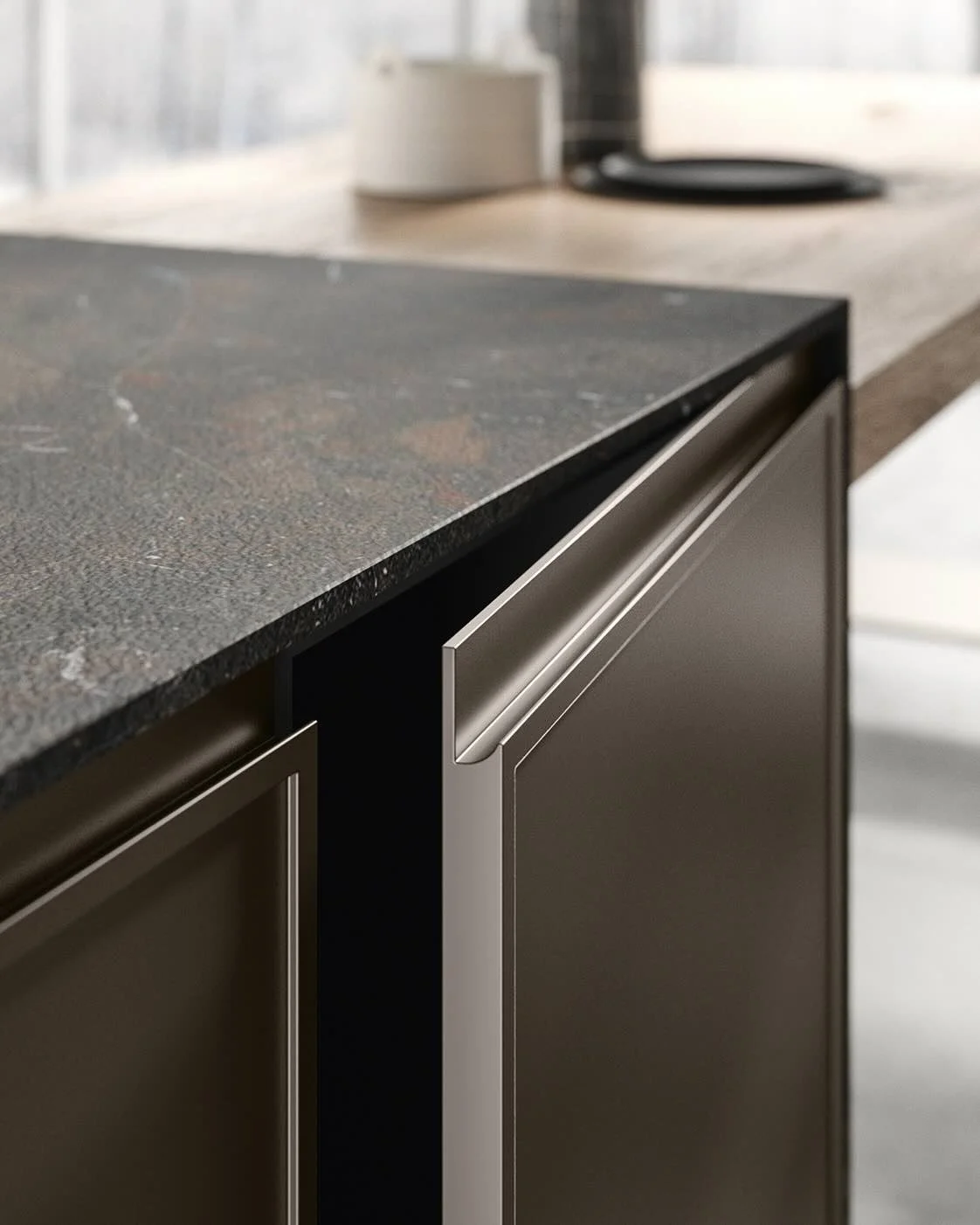 Antares Cucine TK 22 Line Italian dark marble countertop and cabinet detail with seamless edge profile in Paphos Cyprus by Arknova Interiors