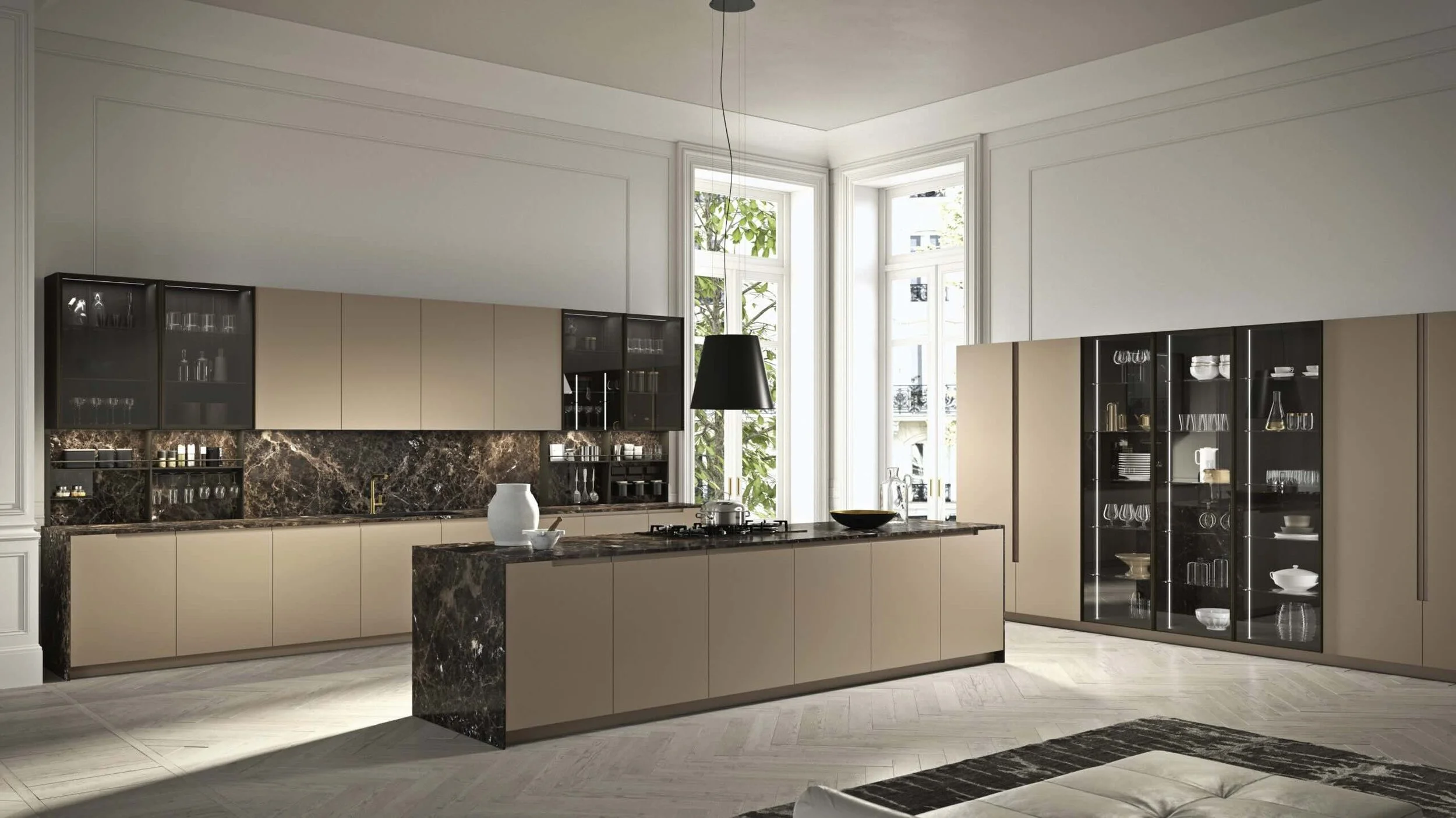 Antares Cucine AS10 Line Italian modern kitchen with tall glass display cabinets and central island in Paphos, Cyprus by ArkNova Interiors