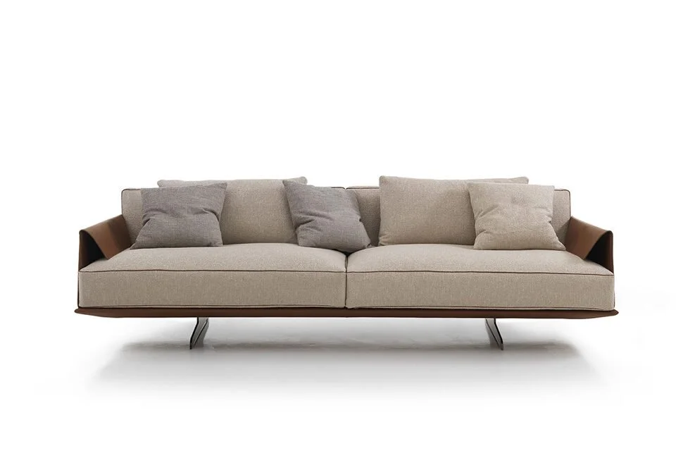 Albani Divani Moreno Full Italian beige three-seater sofa with wood accents, modern design at ArkNova Interiors Paphos showroom in Cyprus