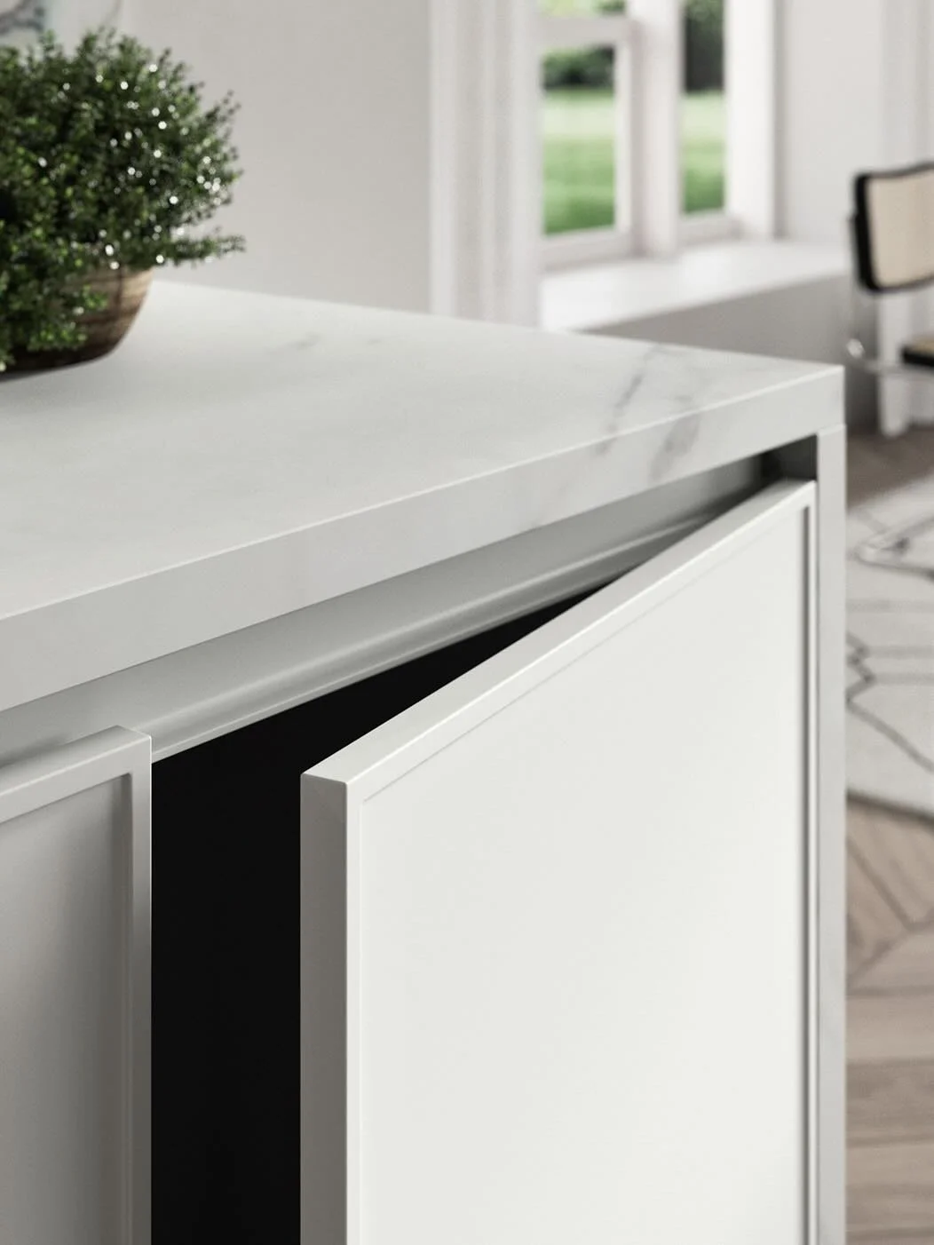 Antares Cucine TK 22 Italian white matte kitchen cabinet with integrated marble countertop detail, shown in Paphos Cyprus by ArkNova Interiors