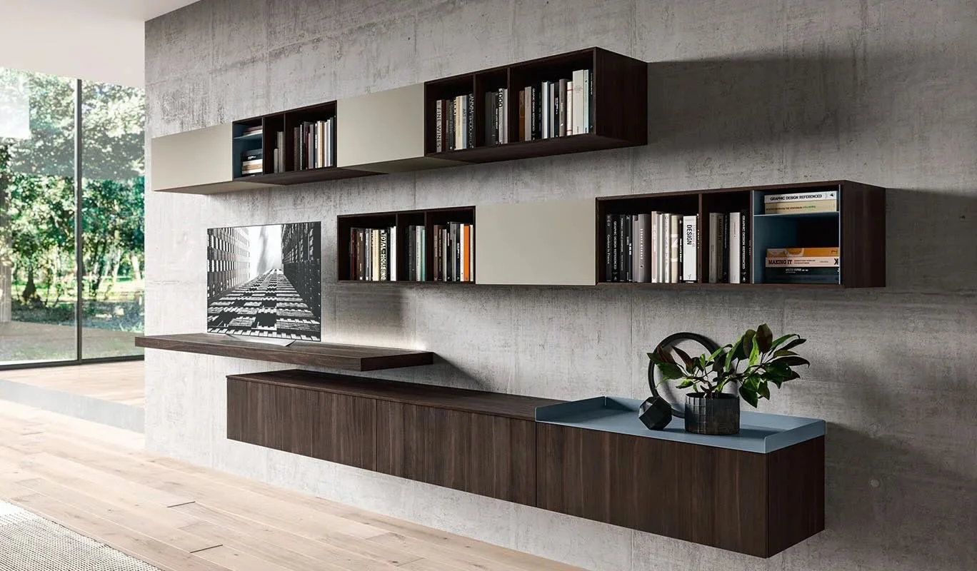 Cinquepuntozero LK01 Italian dark wood suspended bookshelf and TV console system at ArkNova Interiors Paphos showroom in Cyprus