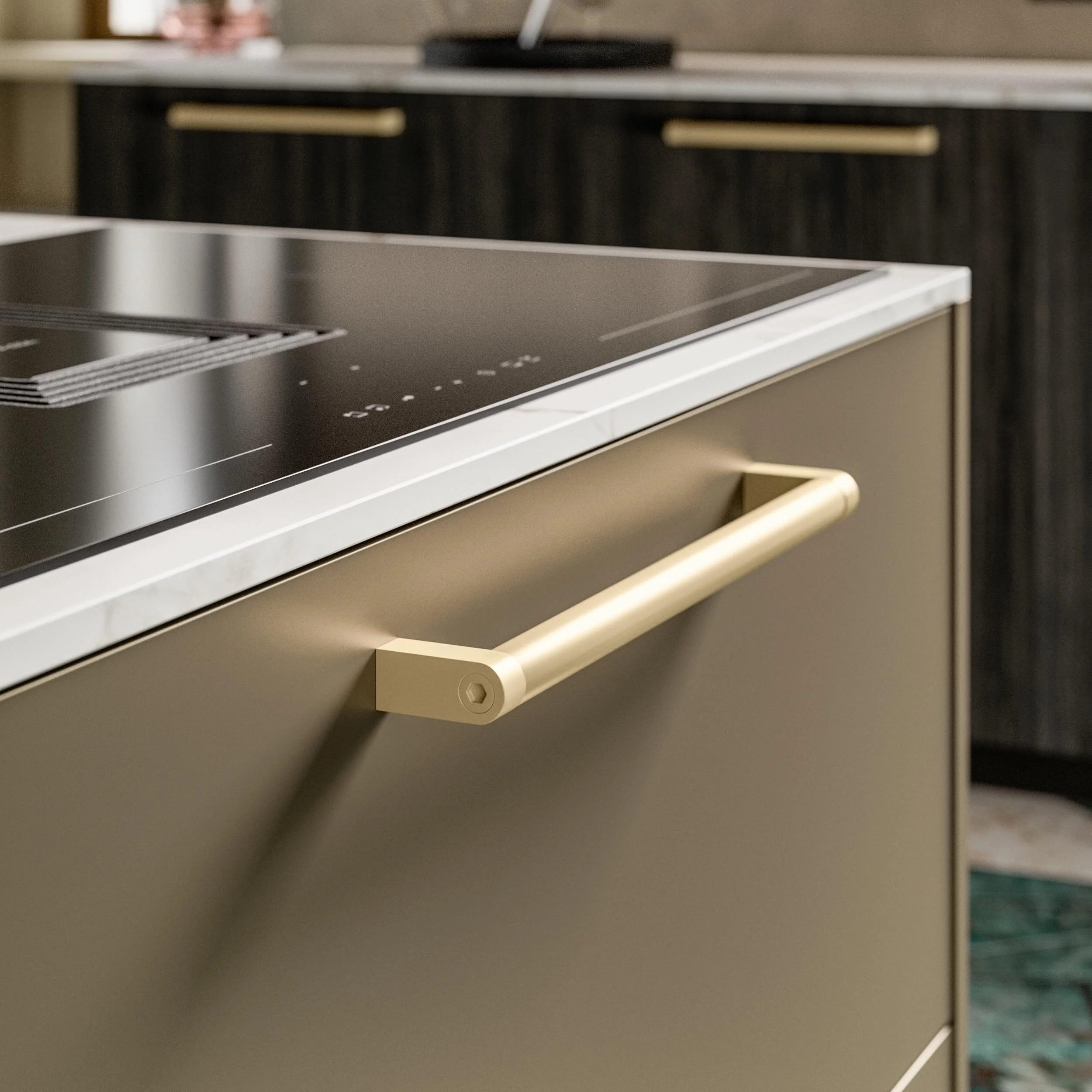 Antares Cucine MK18_M Italian modern kitchen close-up detail of beige cabinet with sleek gold handle and black induction cooktop at ArkNova Interiors in Paphos Cyprus