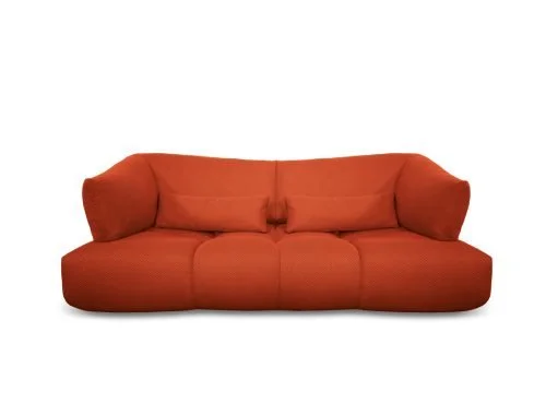 Miki Ferrari Tau Italian orange curved three-seater sofa, modern design at ArkNova Interiors Paphos showroom in Cyprus