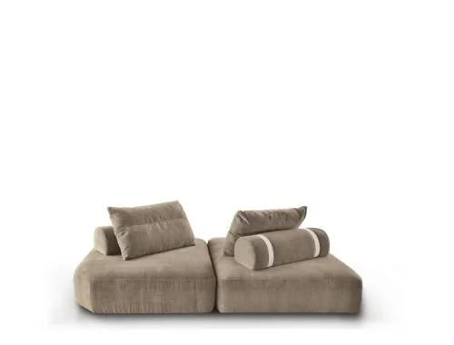 Miki Ferrari Stellar Ground Italian beige modular sofa with bolsters and pillows, contemporary design at ArkNova Interiors Paphos showroom in Cyprus