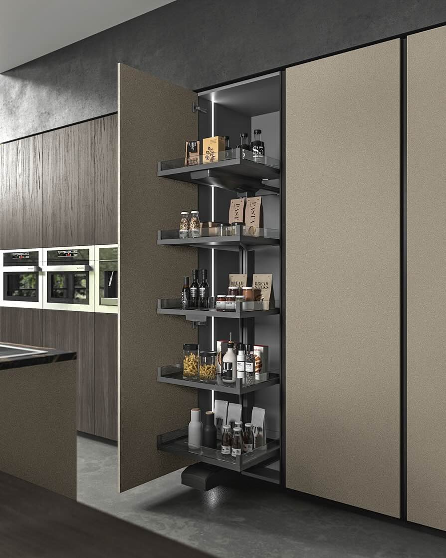 Antares Cucine MK18_G Italian modern kitchen pull-out pantry tall cabinet with multiple illuminated shelves, organized food storage and sleek grey interior at ArkNova Interiors in Paphos Cyprus