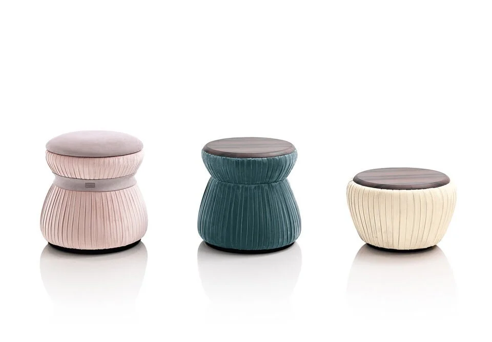 Italian Albani Divani Diva Collection pleated velvet poufs in multiple colors at ArkNova Interiors Paphos showroom in Cyprus