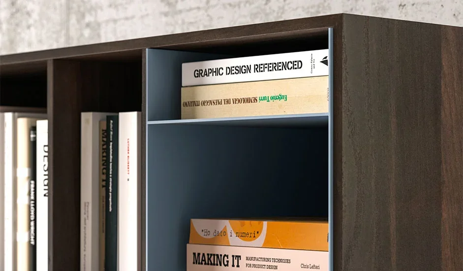 Italian Cinquepuntozero Akka dark wood book divider and open shelving accessory at ArkNova Interiors Paphos showroom in Cyprus