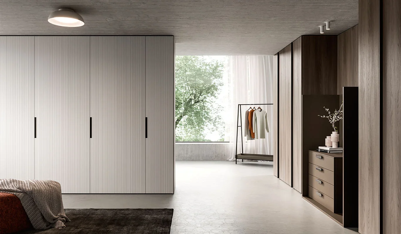 Italian Cinquepuntozero Riga Door vertically ribbed hinged wardrobe doors at ArkNova Interiors Paphos showroom in Cyprus