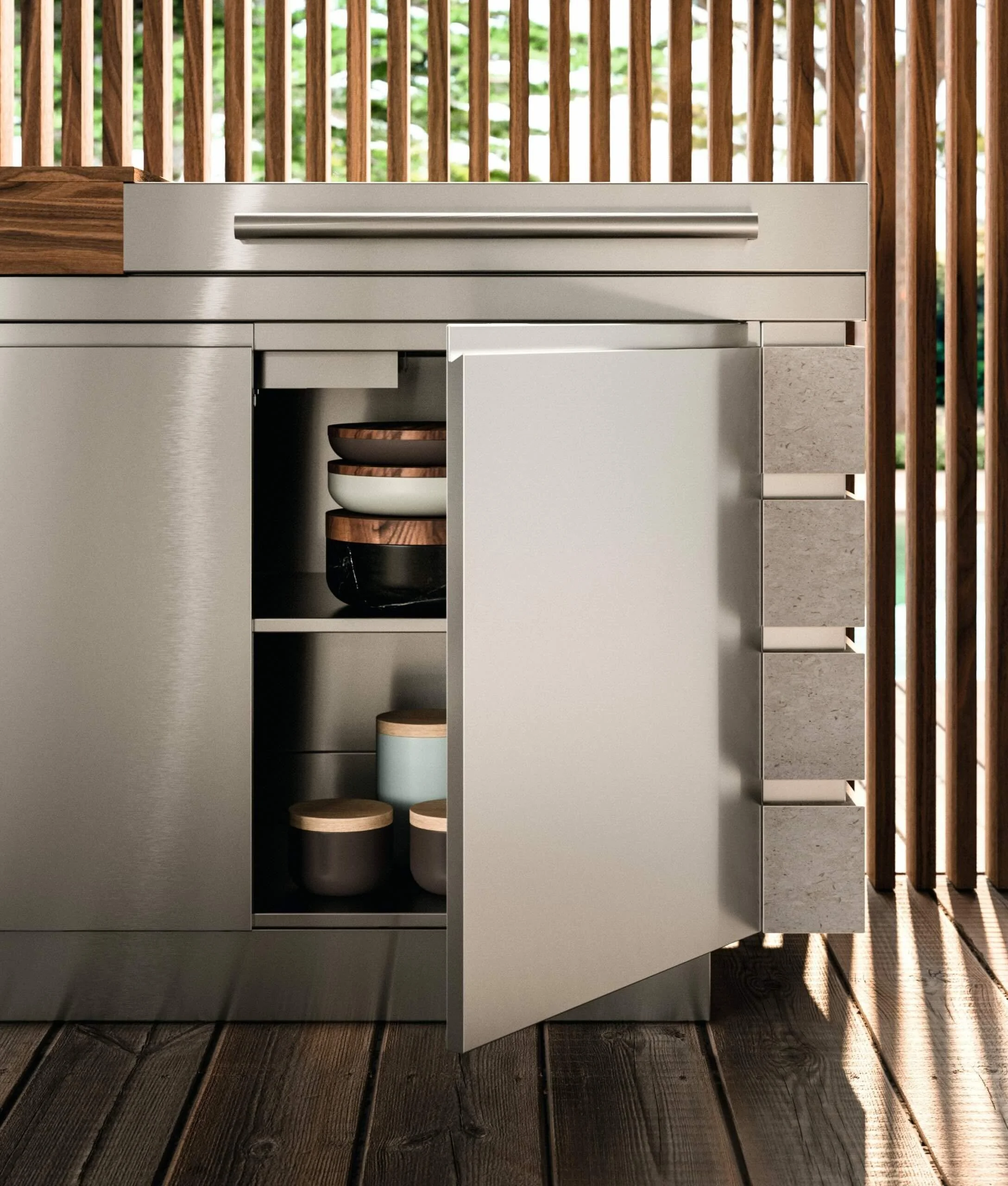 Antares Cucine Acciaio Outdoor Italian outdoor kitchen open storage detail with stainless steel doors, available at ArkNova Interiors Cyprus