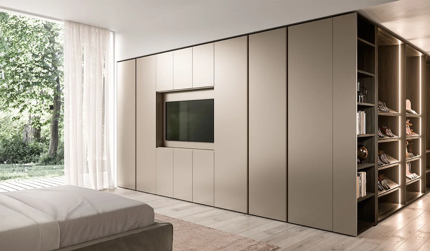 Italian Cinquepuntozero Gola Door handleless wardrobe with integrated lighting at ArkNova Interiors Paphos showroom in Cyprus