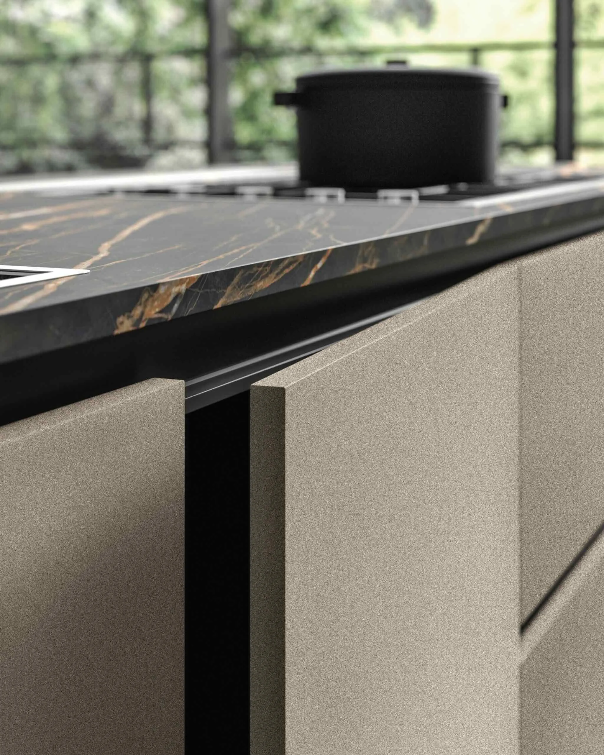 Antares Cucine MK18_G Italian modern kitchen close-up detail showing beige textured cabinetry with sleek profile, black marble countertop with golden veining and integrated cooktop at ArkNova Interiors in Paphos Cyprus