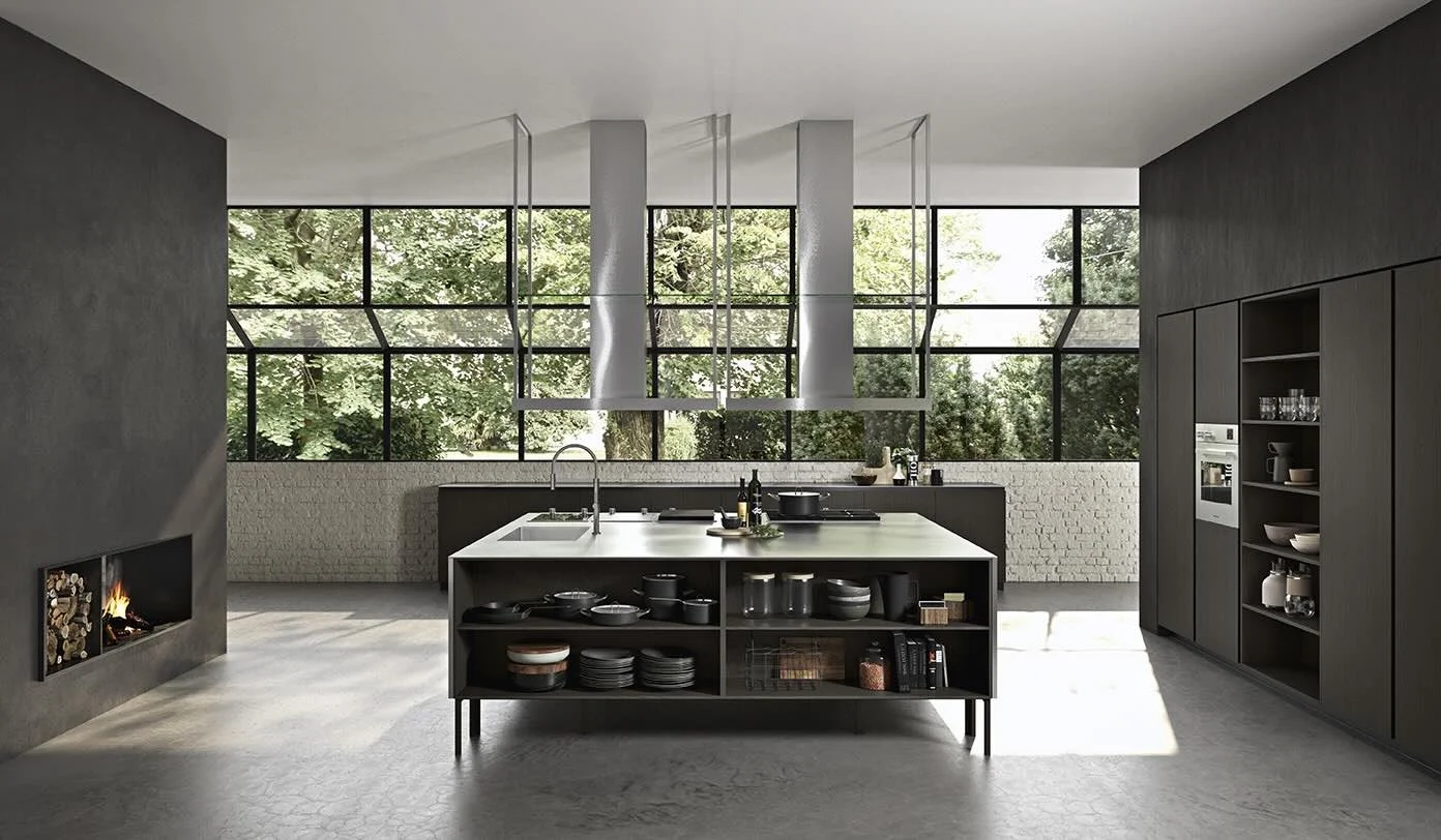 Antares Cucine ZEN Plus Italian modern kitchen with central island, open shelving, large windows and concrete floor in open-plan design – installed by ArkNova Interiors Paphos Cyprus