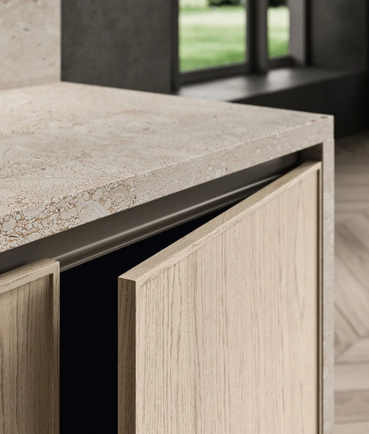 Antares Cucine TK 22 Wood Italian kitchen light oak door detail with stone worktop, available at ArkNova Interiors Cyprus