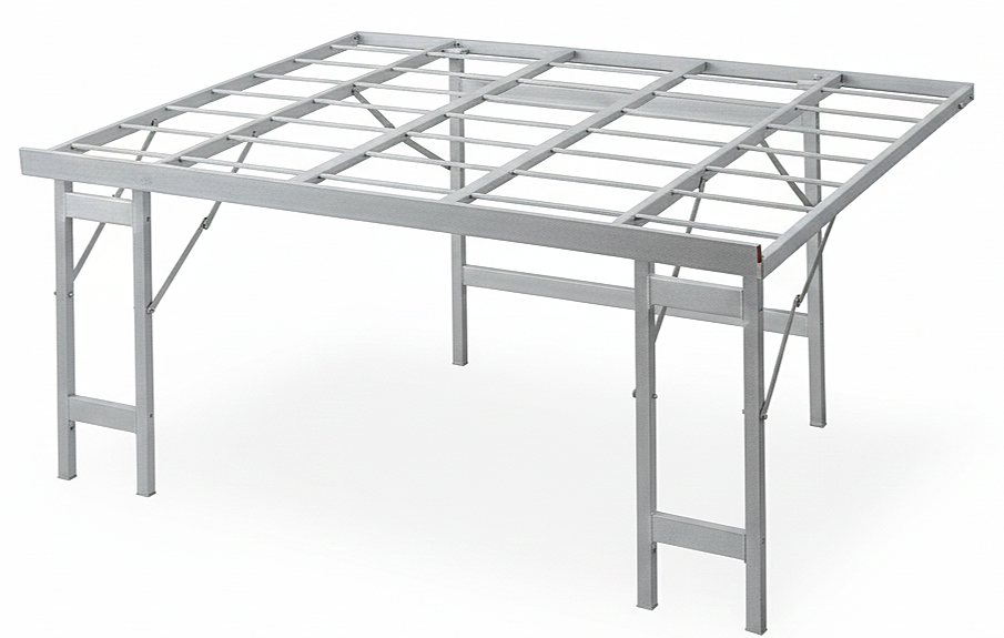 Mesa de metal con estructura abierta y patas rectas, sin superficie de madera o plástico.