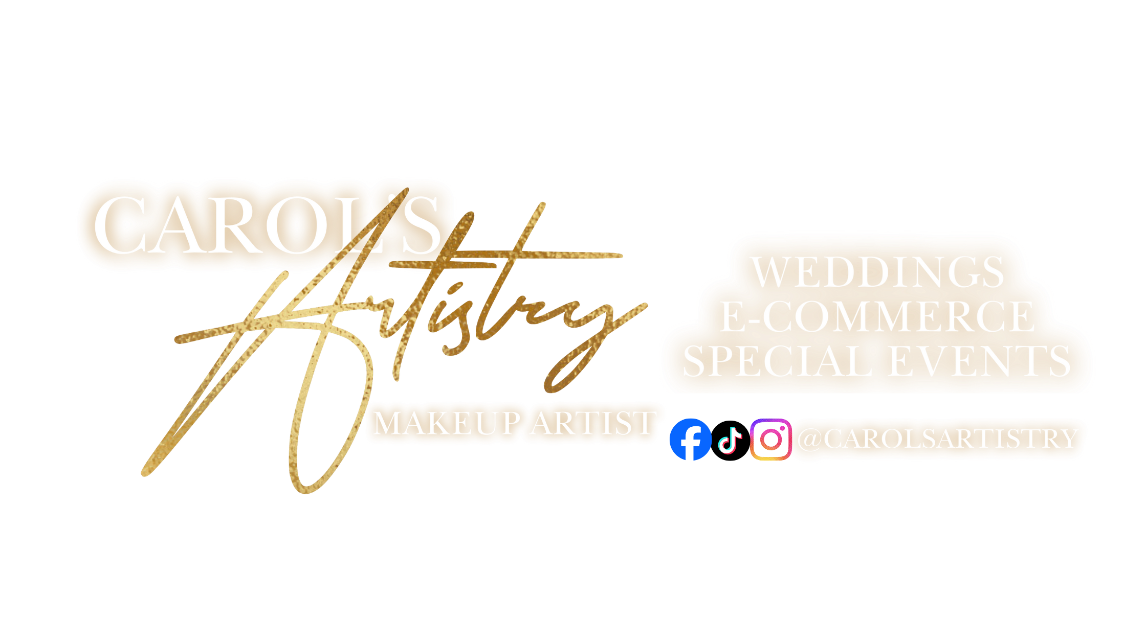 Business card for Carol's Artistry featuring services like weddings, e-commerce, special events, makeup artist, with social media handles.