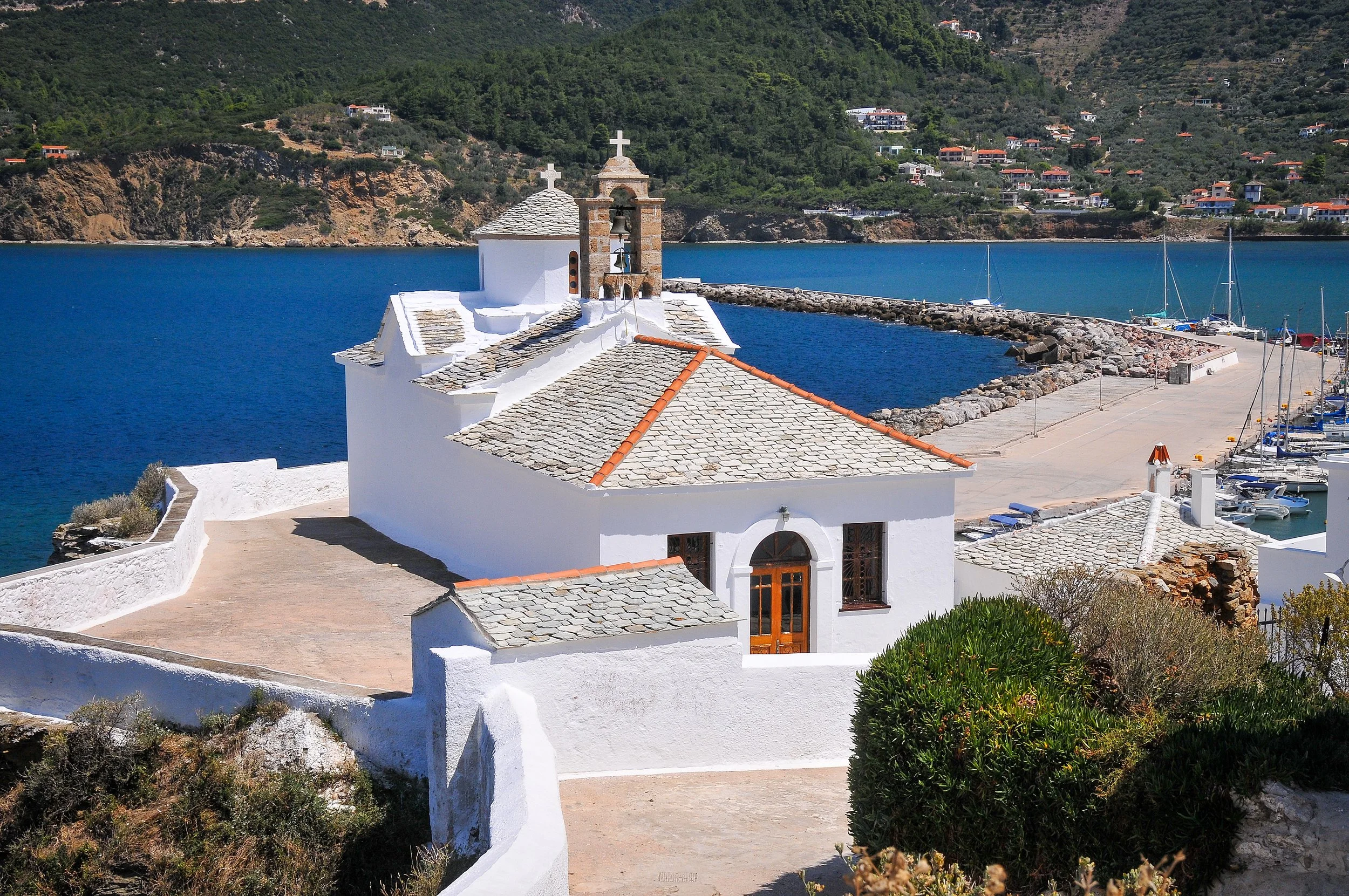 The Church of the the Virgin Mary (Panagitsa Tower) is a 17th century church overlooking the harbour on the Greek Island of Skopelos.