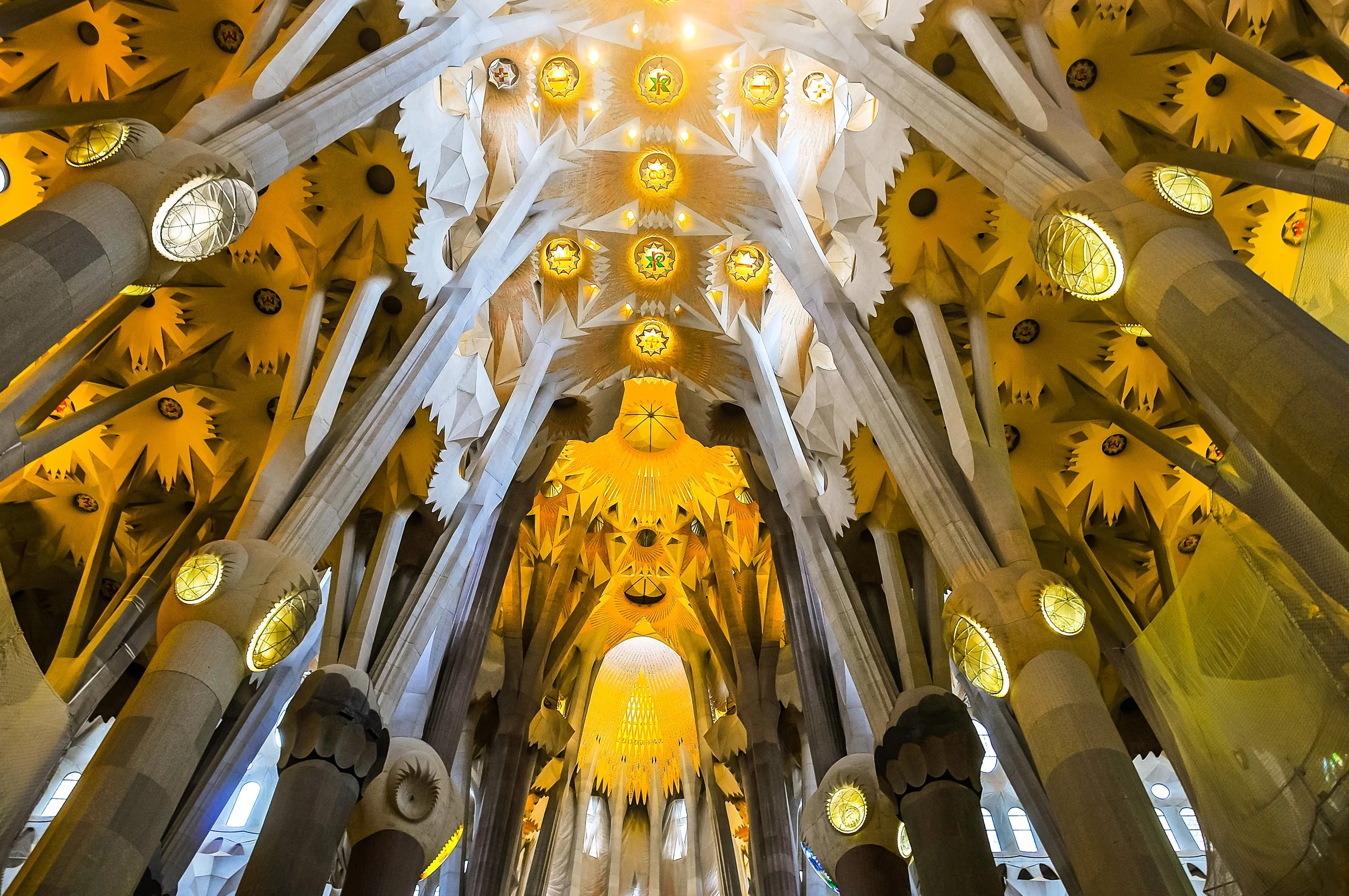The interior of the Basilica de la Sagrada Familia, Barcelona.