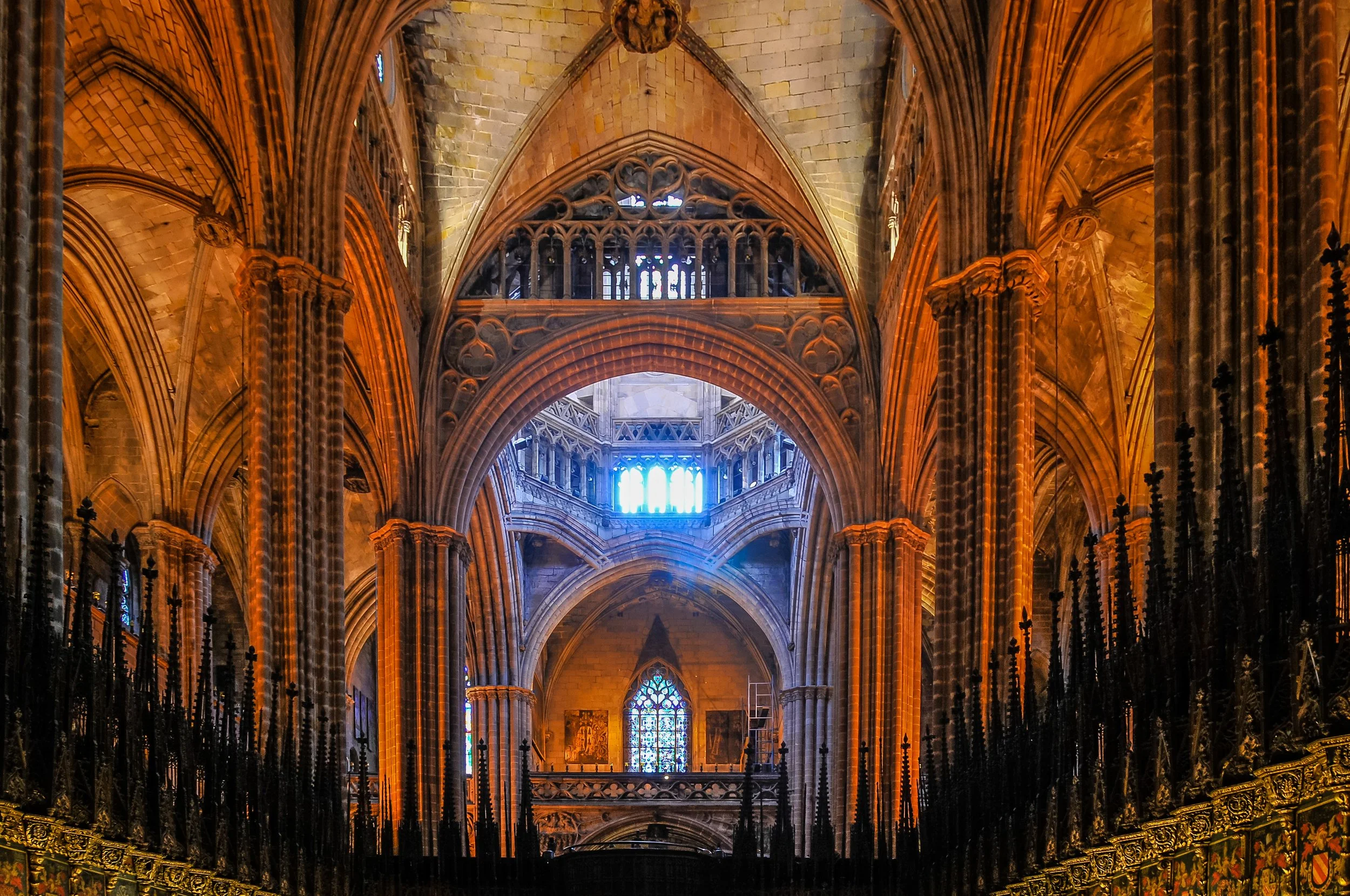 The interior of The Cathedral of the Holy Cross and Saint Eulalia (also known as Barcelona Cathedral), Barcelona.  Constructed from the 13th-15th centuries and completed in 1448.