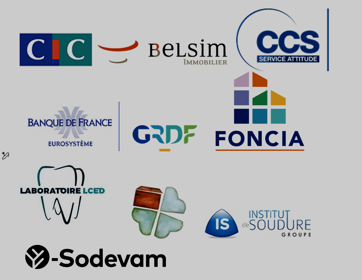 A collection of various company logos, including CIC, Belsim Immobilier, CCS Service Attitude, Banque de France Eurosystem, GRDF, Foncia, Laboratoire LCD, IS Soudure Group, and Sodevam.