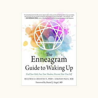 Book cover titled 'The Enneagram Guide to Waking Up' by Beatrice Chestnut. Features colorful abstract watercolor background with a white geometric enneagram symbol in the center.