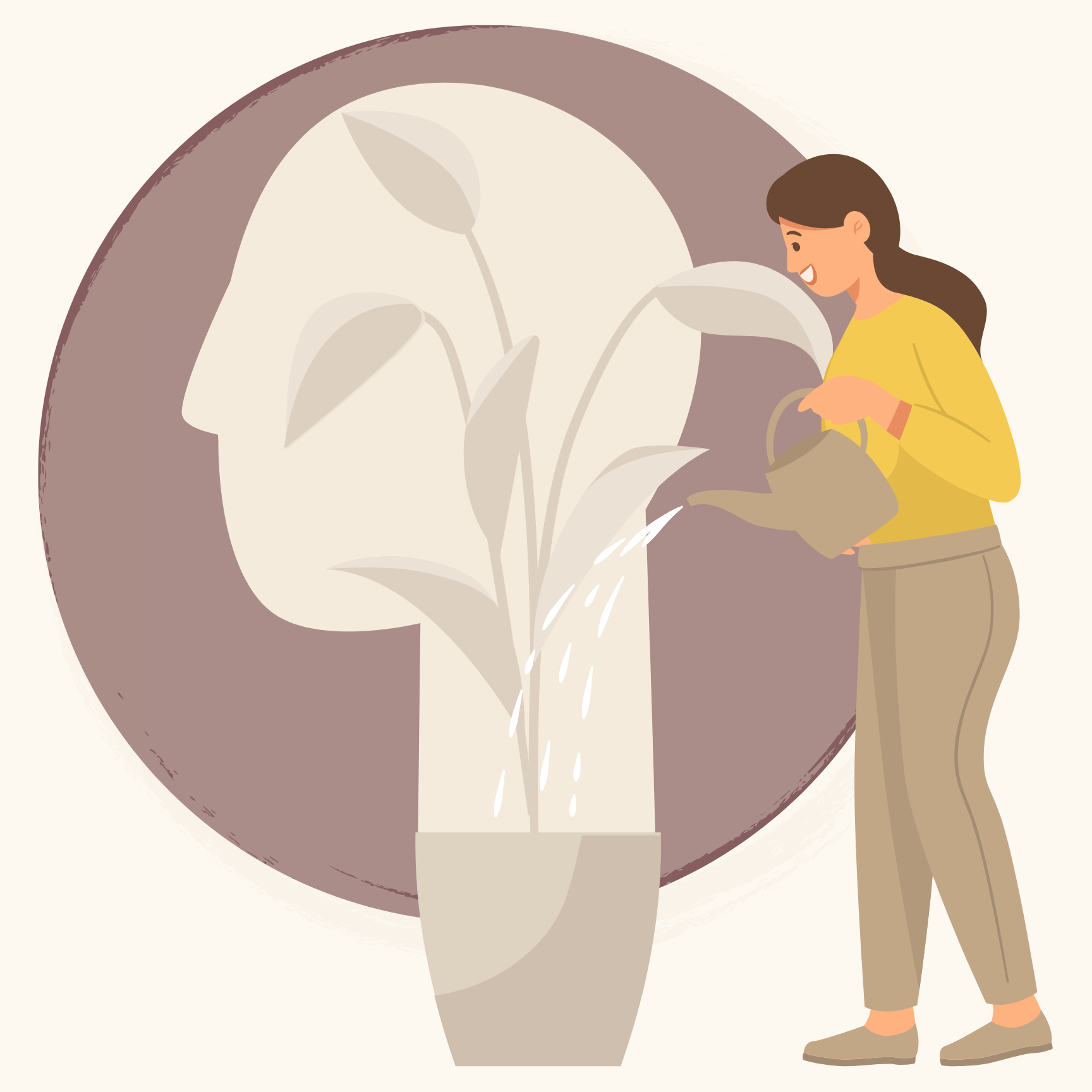 A woman watering a houseplant with a watering can in front of a silhouette of a head, symbolizing tending to one's mental health.