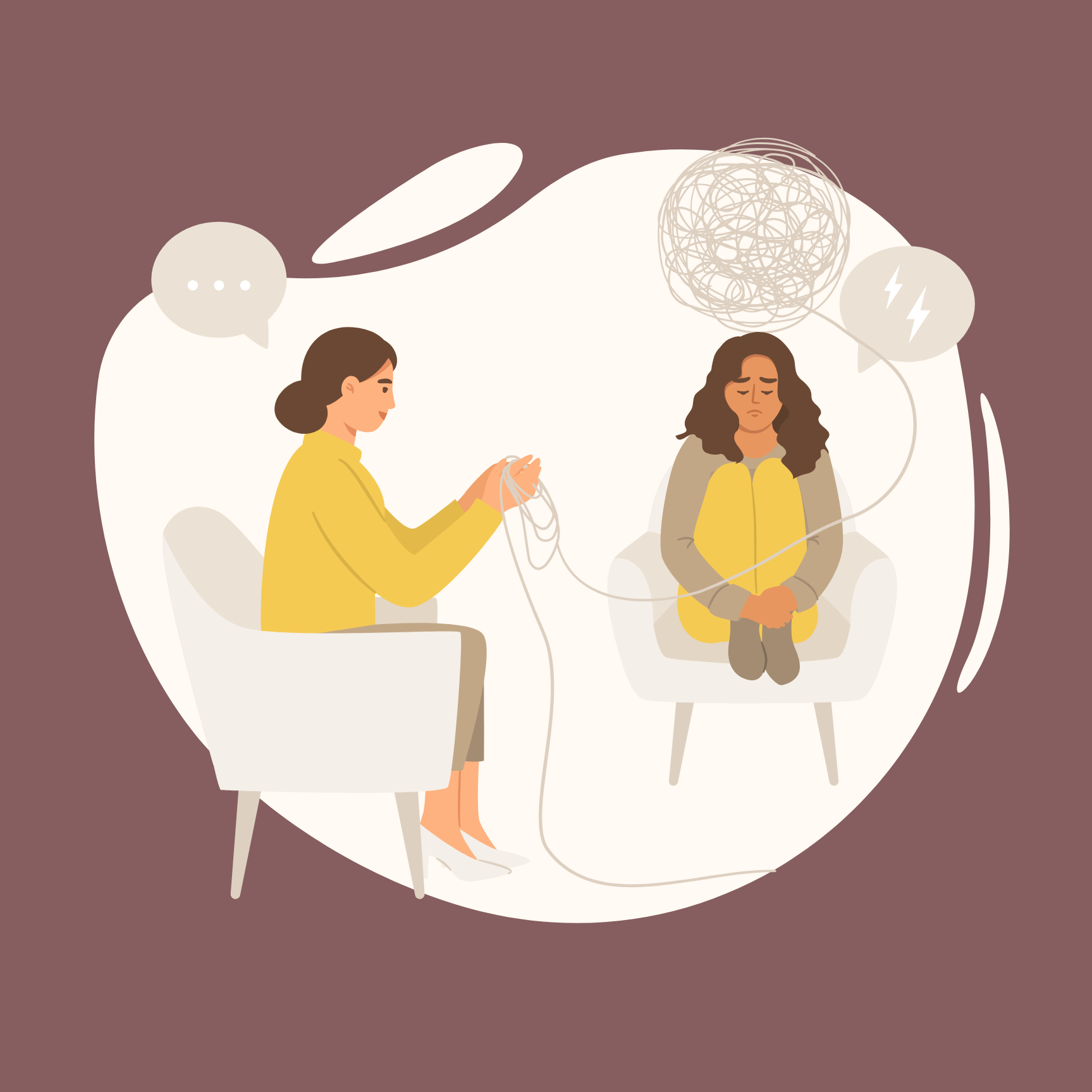 Illustration of a woman sitting on a chair holding a string connecting to a distressed woman sitting on a chair, with thought clouds of tangled lines and lightning bolts above. Symbolizing a therapist helping a client make sense of their distress.
