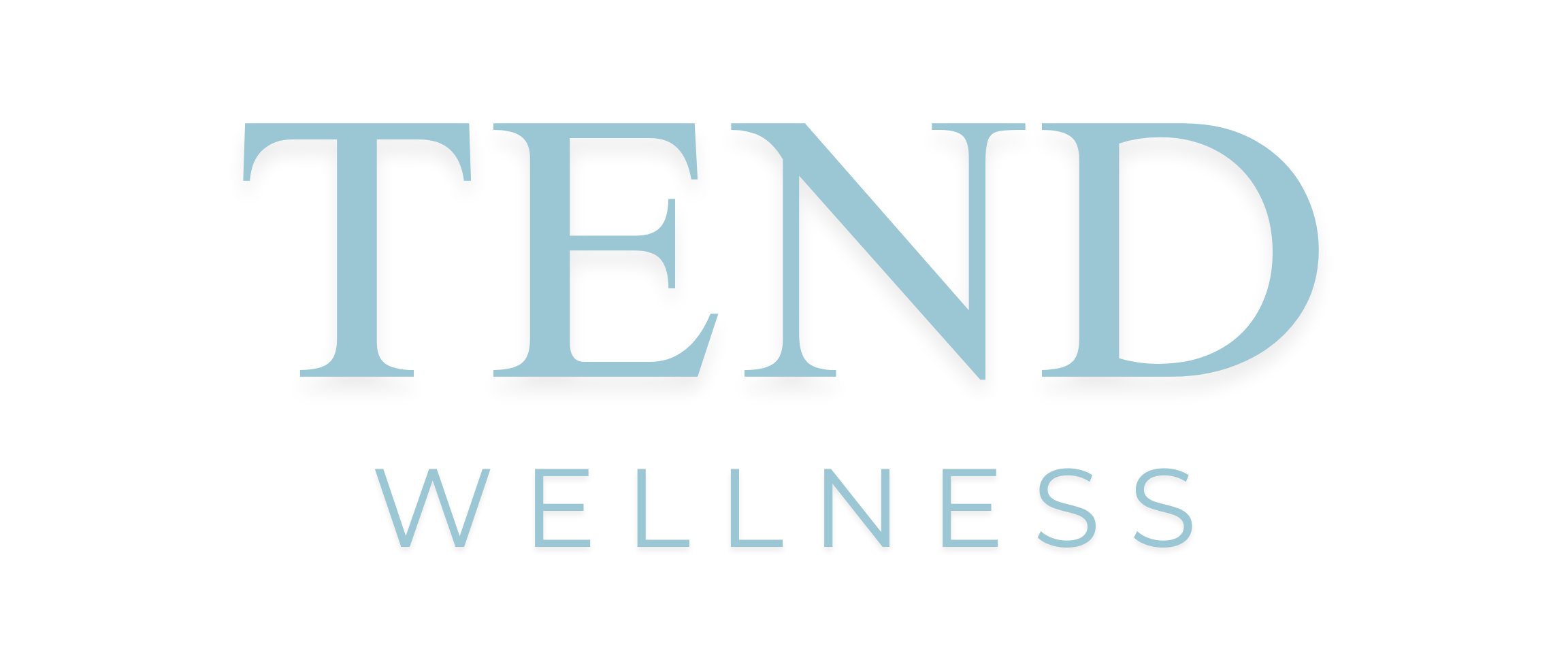 Tend Wellness logo in light blue text on a black background.