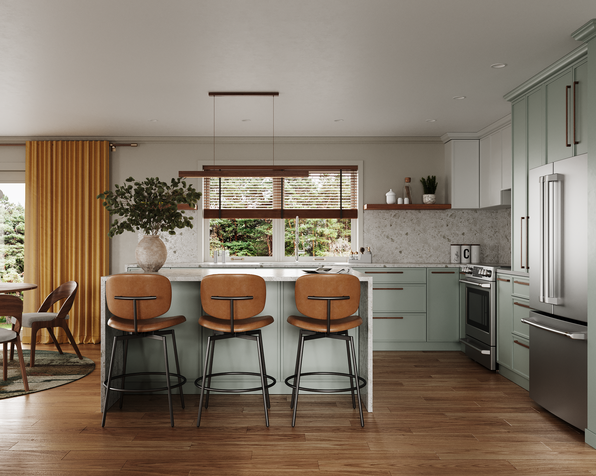 Open-concept kitchen, dining, and living area in warm mid-century modern style with sage green cabinetry, mustard drapes, and walnut accents.