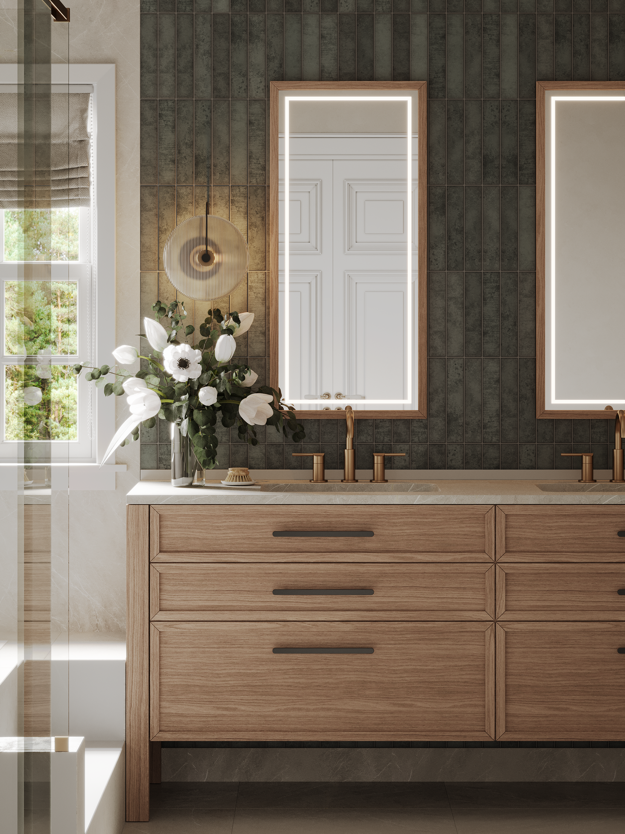 Warm modern spa-style primary bathroom with large-format stone-look tile, frameless glass shower, built-in niches, drop-in tub, oak double vanity, fluted charcoal accent wall, backlit mirrors, and brushed brass fixtures