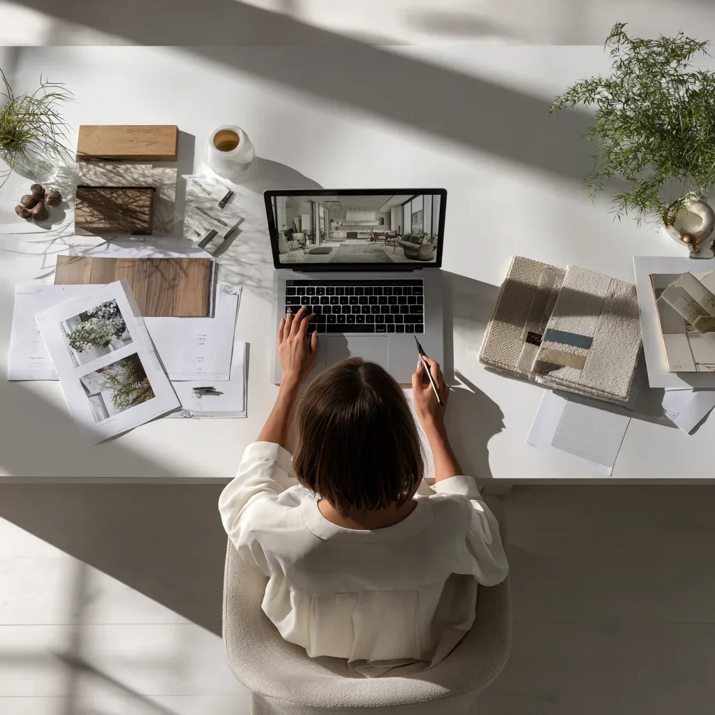 An overhead view of a woman working at a white desk with a laptop, architectural samples, photos, plants, and design materials, in a well-lit room.