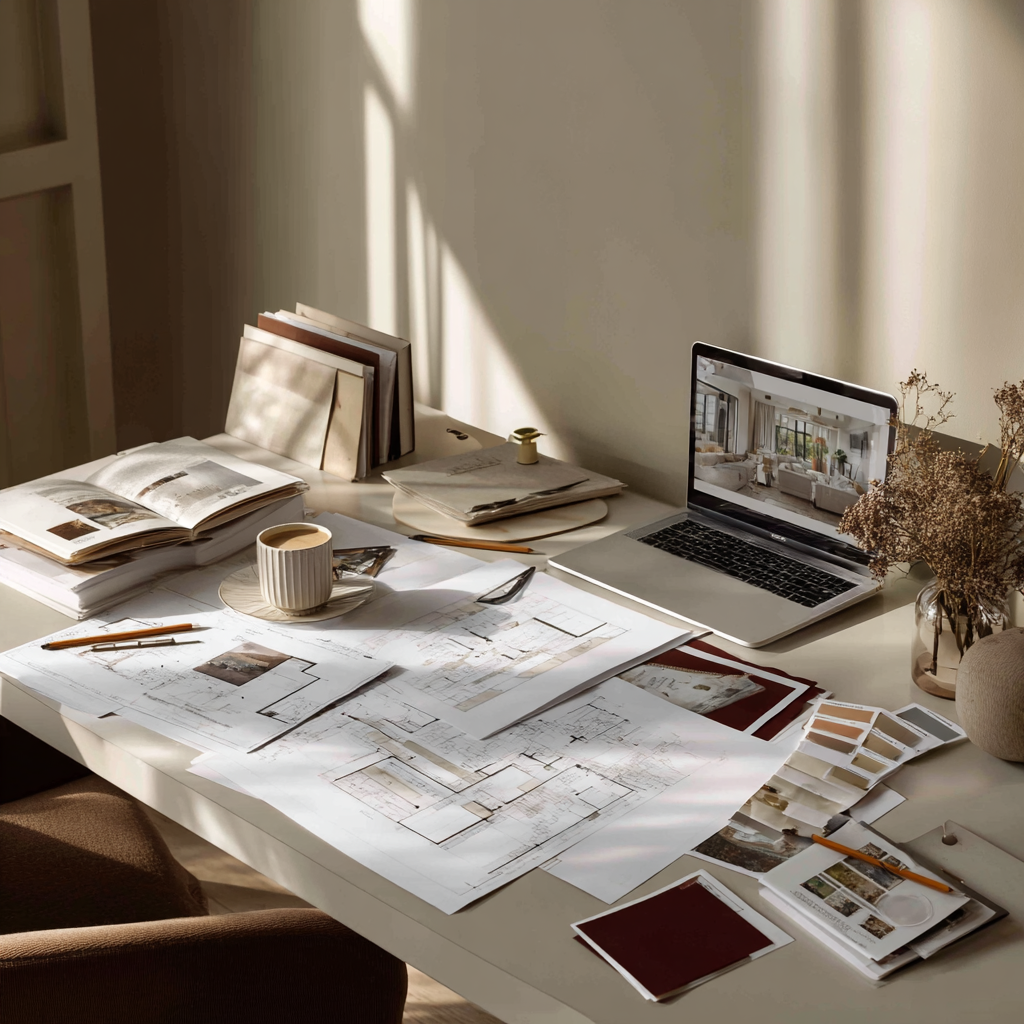 A well-lit workspace with documents, sketches, and design plans spread across a white table. There is a laptop showing an interior room design, a cup of coffee, and various office supplies and mood boards.