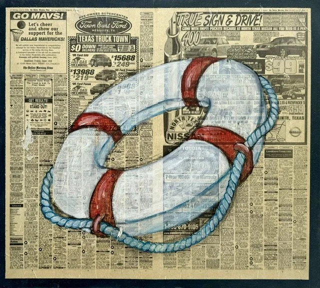 Keeping My Head Above Water, 2005, Oil and Newsprint on Panel, 68.5cm x 61cm